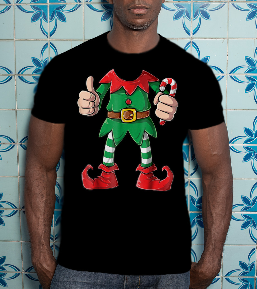 Elf Christmas Costume Holiday Outfit With Candy Cane And Thumbs Up For Girls Boys T-Shirt