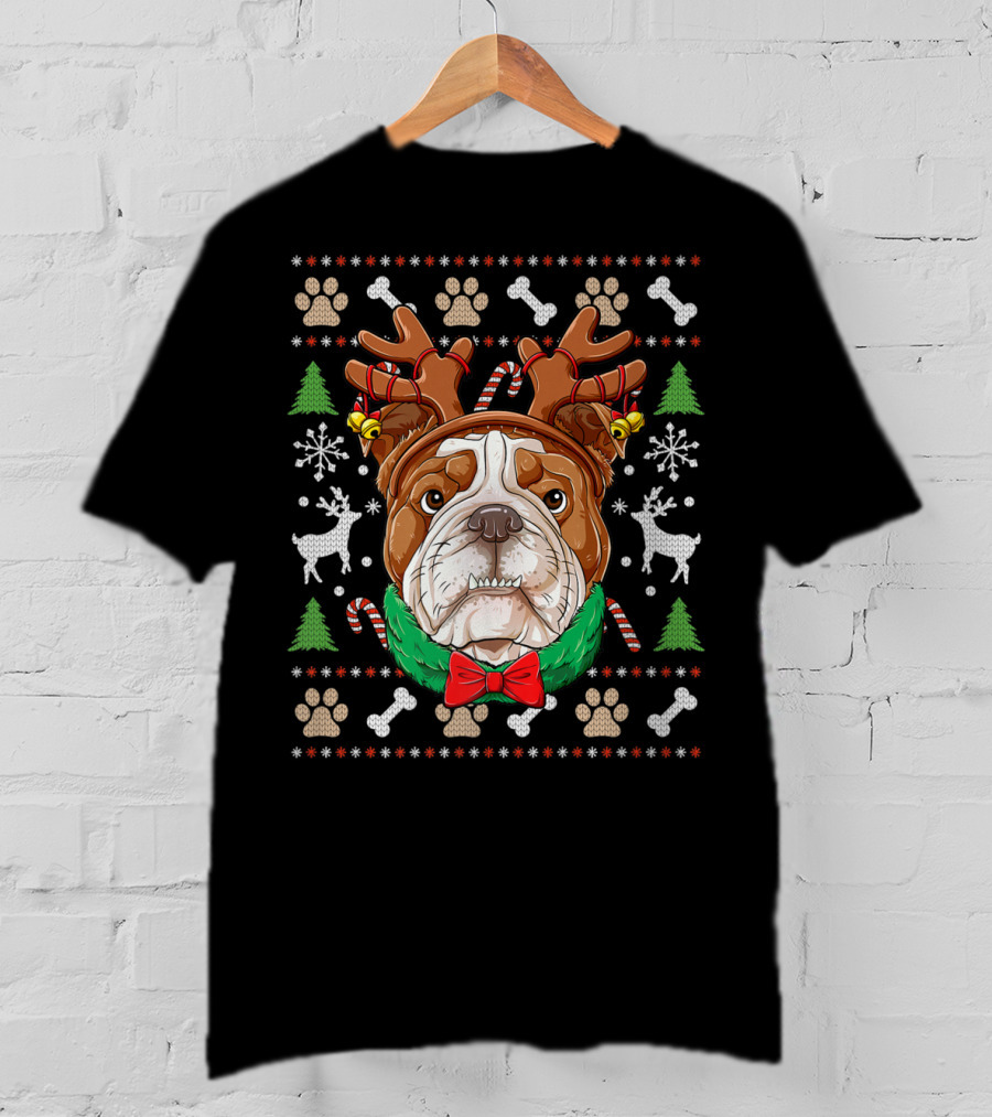 English Bulldog Reindeer Antlers Christmas Ugly T-Shirt