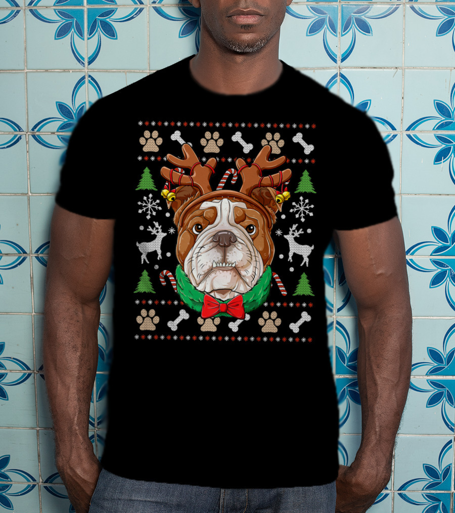 English Bulldog Reindeer Antlers Christmas Ugly T-Shirt