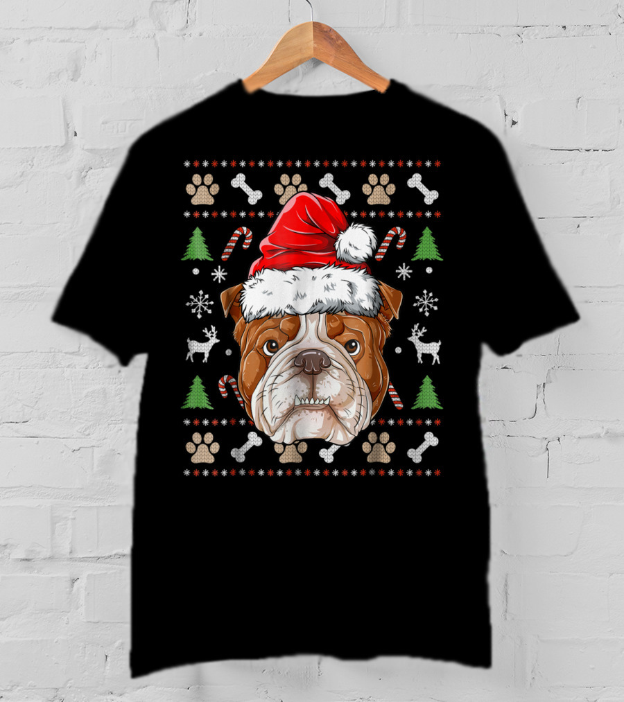 English Bulldog Santa Hat Ugly Christmas Sweater Paws Reindeer Bones Candy Canes T-Shirt
