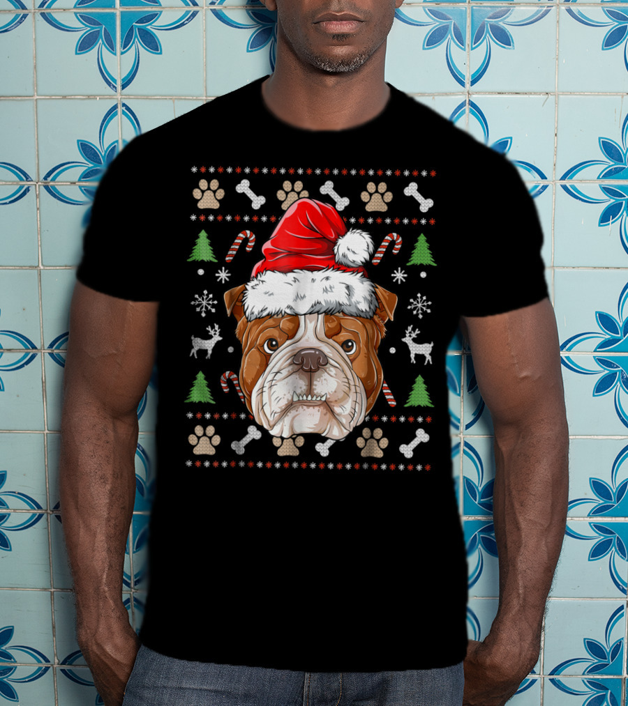 English Bulldog Santa Hat Ugly Christmas Sweater Paws Reindeer Bones Candy Canes T-Shirt