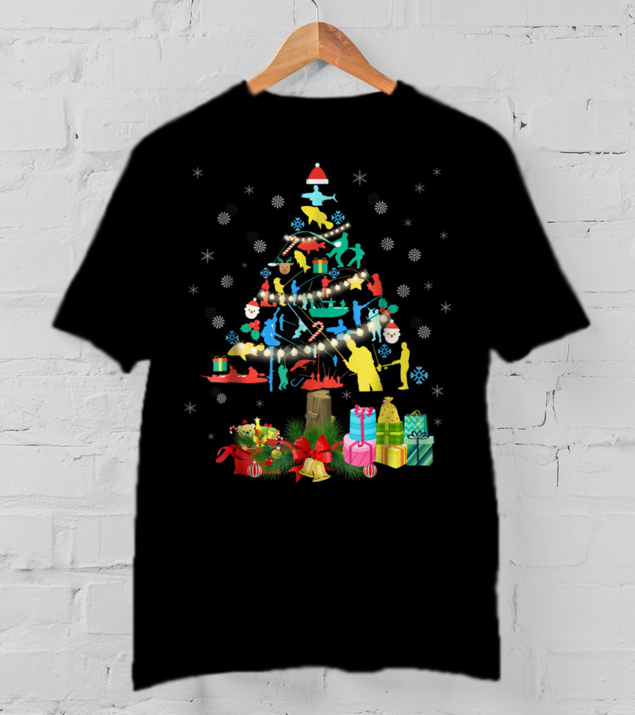 Fishing Christmas Pine Tree Santa Holiday Gift Presentation T-Shirt