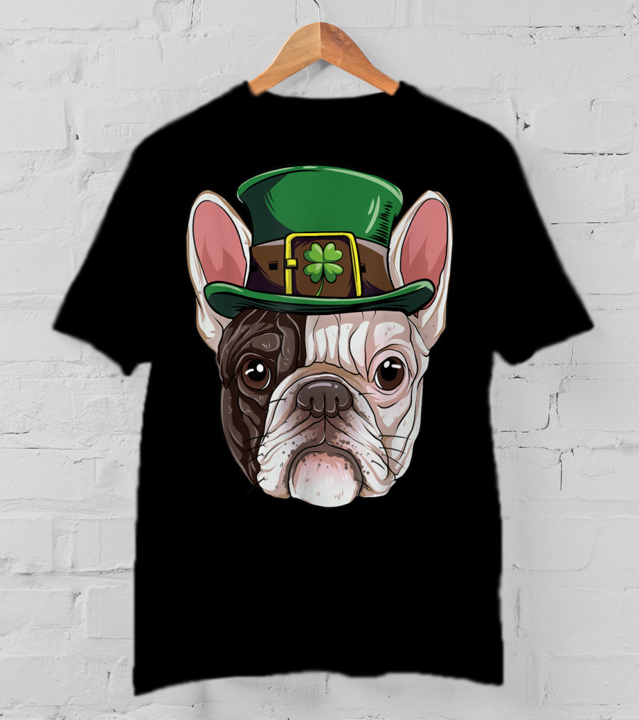 French Bulldog Leprechaun St Patricks Day Dog Wearing Green Hat With Shamrock T-Shirt