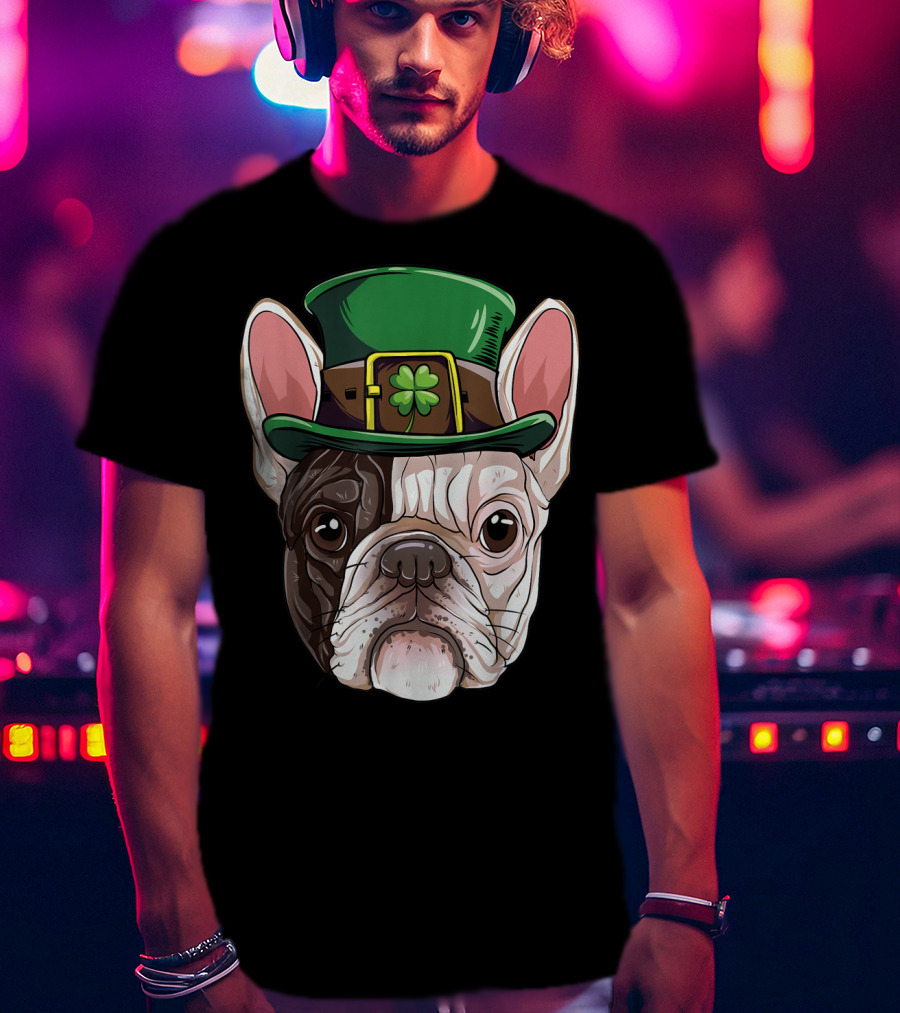 French Bulldog Leprechaun St Patricks Day Dog Wearing Green Hat With Shamrock T-Shirt