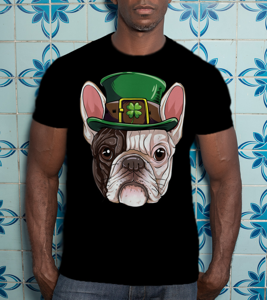 French Bulldog Leprechaun St Patricks Day Dog Wearing Green Hat With Shamrock T-Shirt