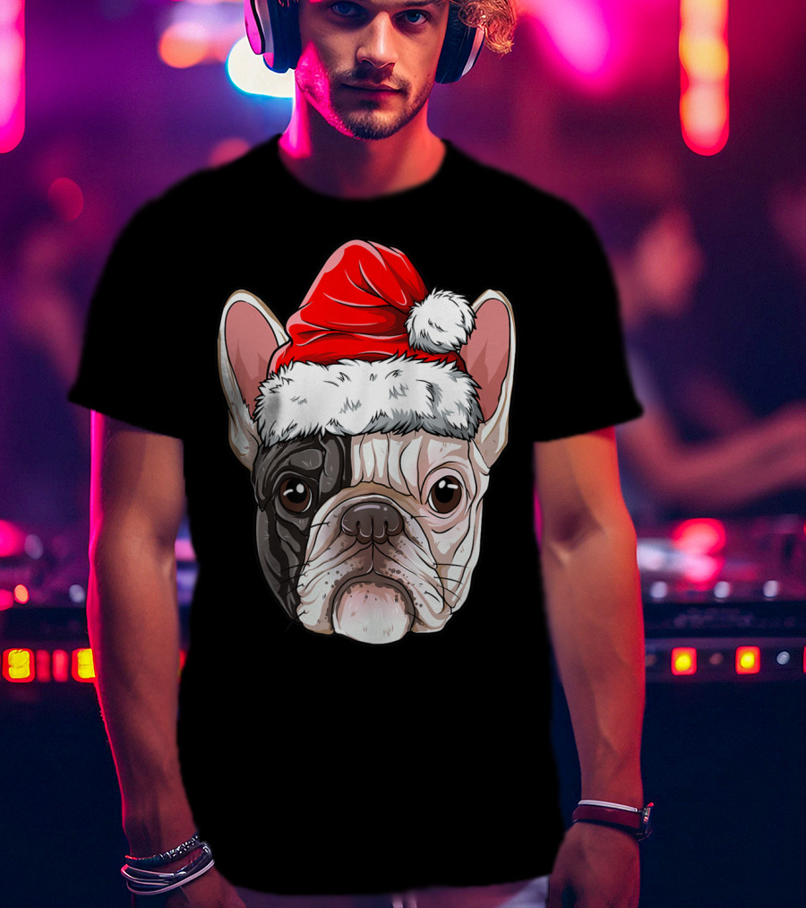 French Bulldog In Santa Hat Christmas T-Shirt