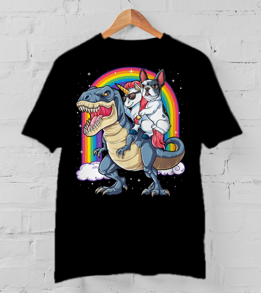 French Bulldog Unicorn Riding Dinosaur Rex With Rainbow Stars T-Shirt