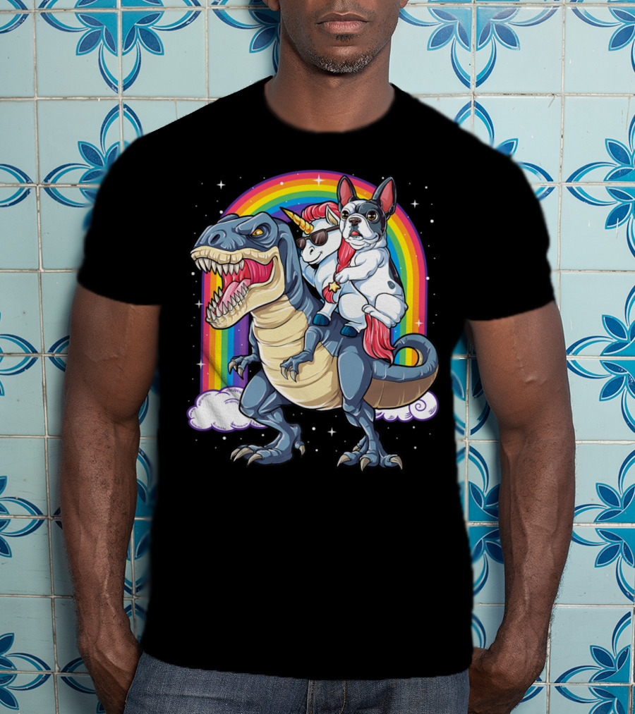French Bulldog Unicorn Riding Dinosaur Rex With Rainbow Stars T-Shirt