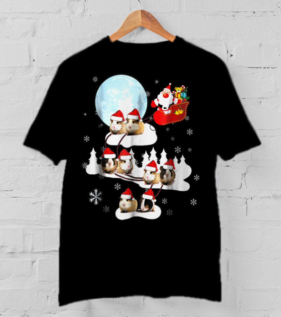 Santa Sleigh With Christmas Guinea Pigs And Snowflakes T-Shirt
