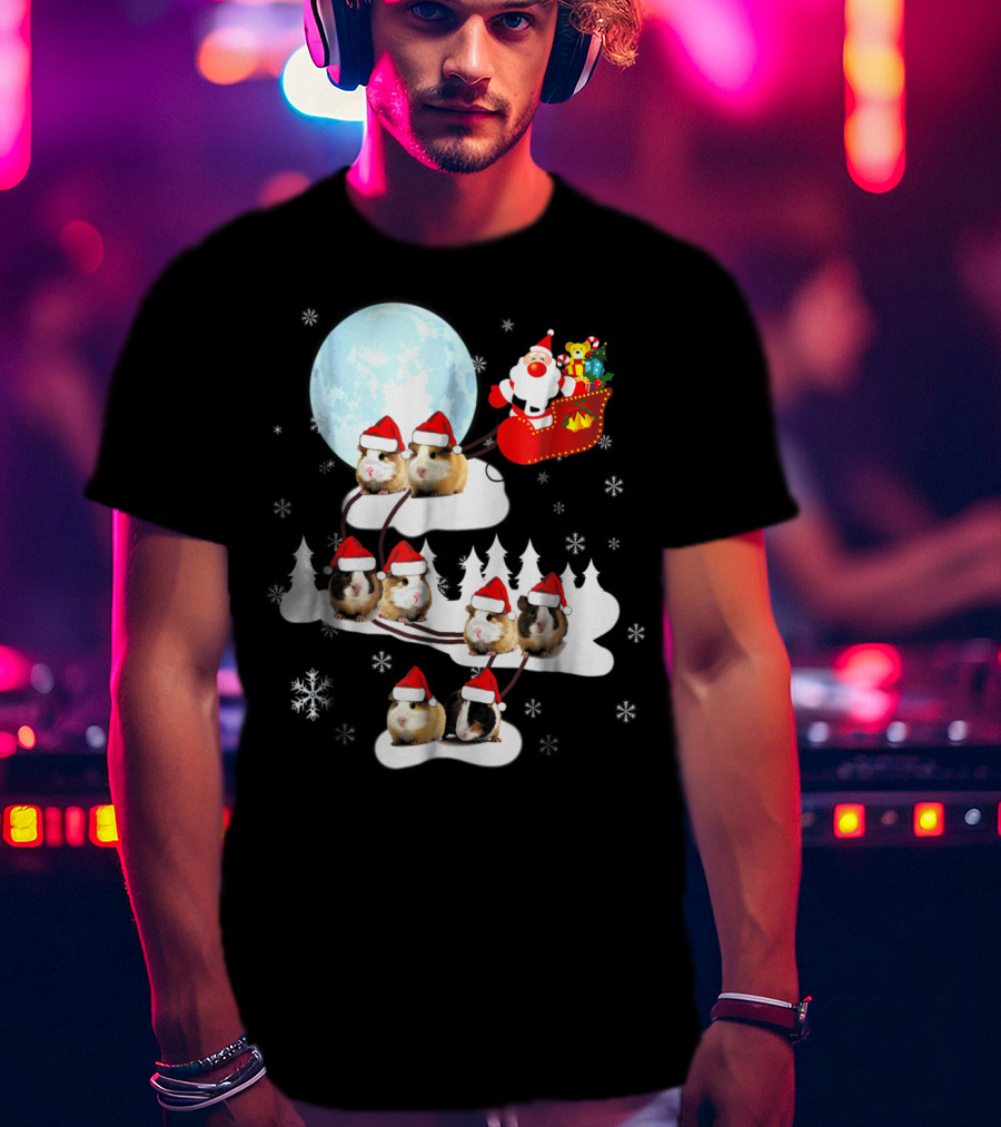 Santa Sleigh With Christmas Guinea Pigs And Snowflakes T-Shirt
