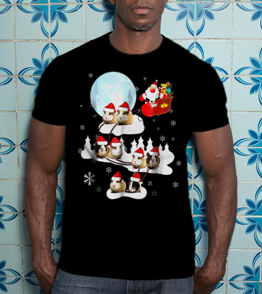 Santa Sleigh With Christmas Guinea Pigs And Snowflakes T-Shirt
