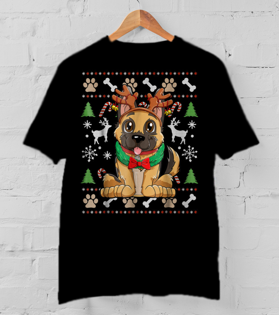German Shepherd Dog With Reindeer Antlers Christmas Holiday T-Shirt