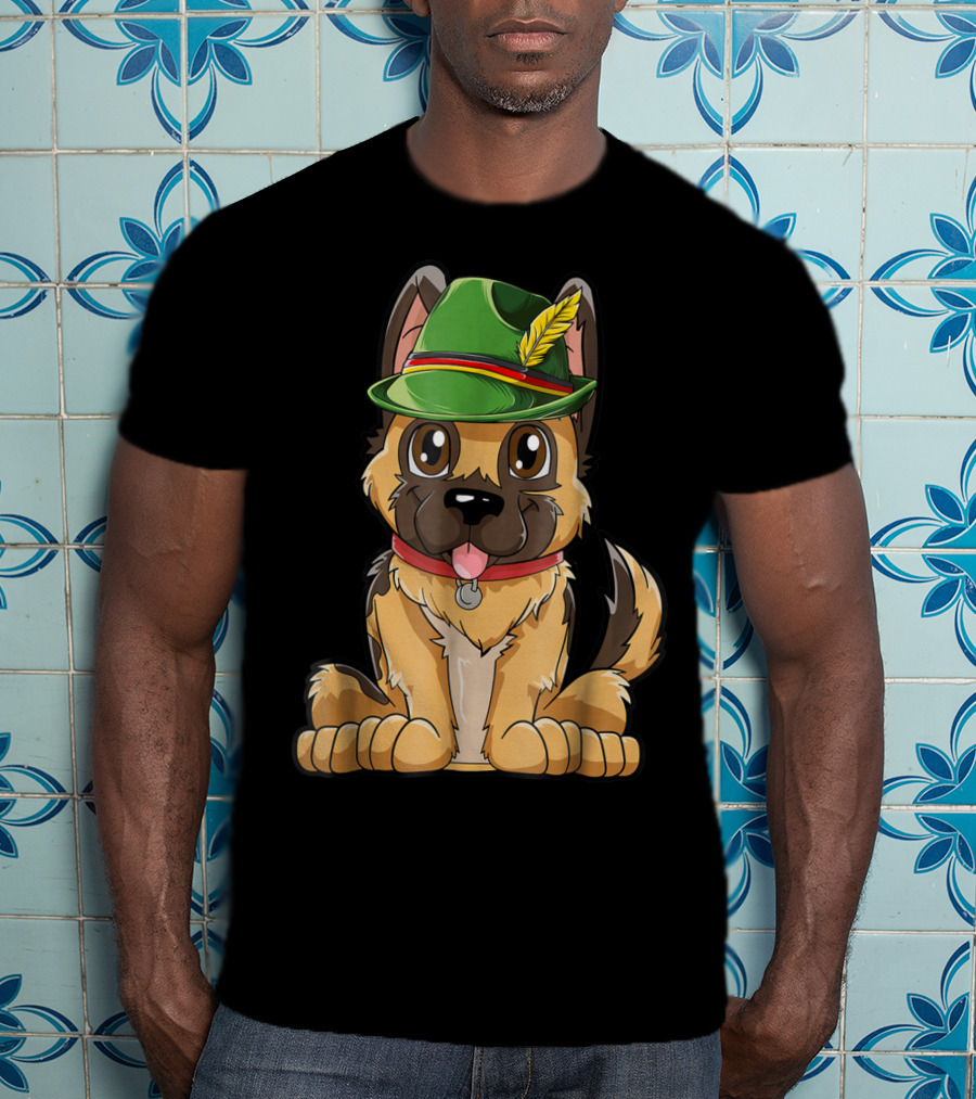 Cute German Shepherd Dog With Oktoberfest Hat Boys Lederhosen T-Shirt