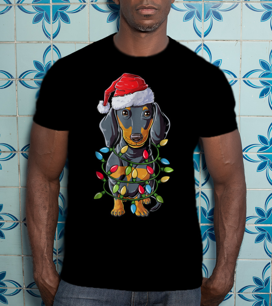 Dachshund Santa Hat Christmas Tree Lights Pup T-Shirt