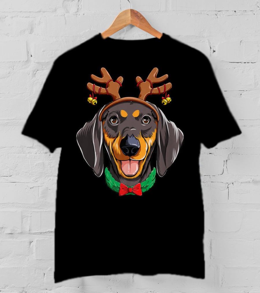 Dachshund With Christmas Reindeer Antlers And Festive Dog Bowtie T-Shirt