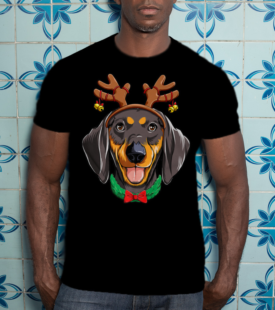 Dachshund With Christmas Reindeer Antlers And Festive Dog Bowtie T-Shirt