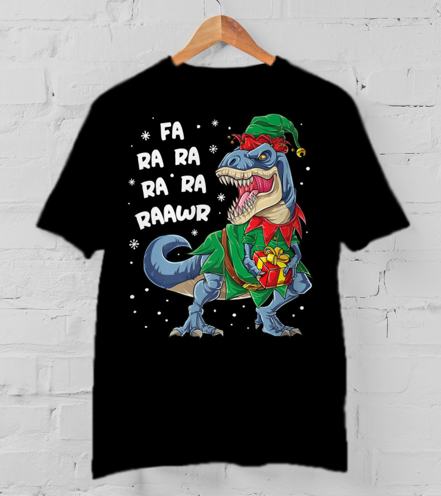 Fa Ra Ra Ra Rawr Dinosaur Christmas Rex Elf Holding Present T-Shirt