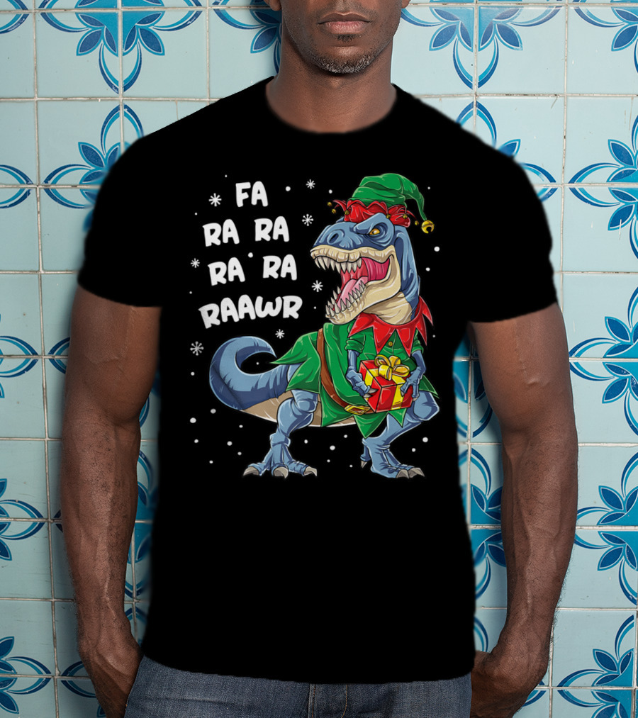 Fa Ra Ra Ra Rawr Dinosaur Christmas Rex Elf Holding Present T-Shirt
