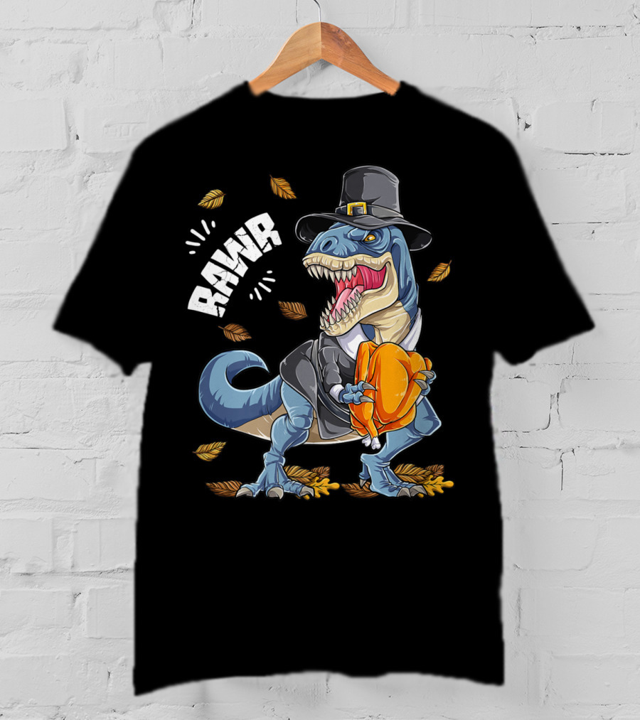 RAWR Dinosaur Thanksgiving Pilgrim T-Rex With Turkey Leaves T-Shirt