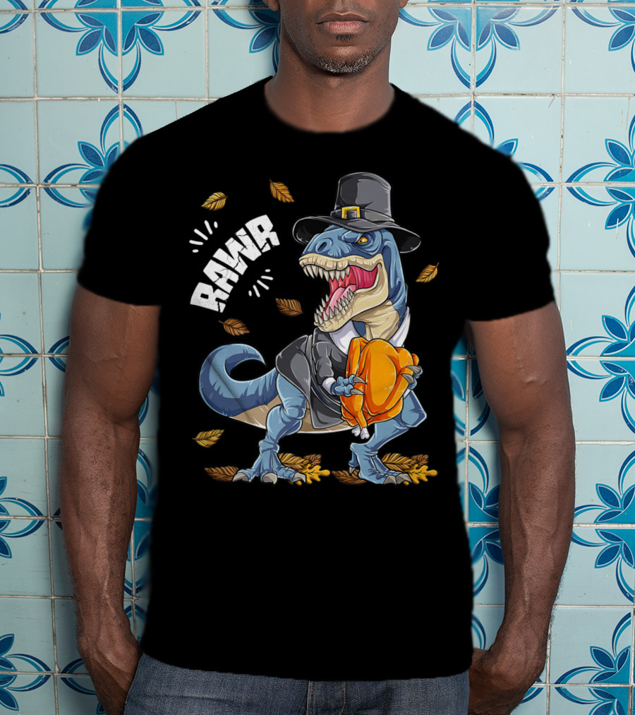 RAWR Dinosaur Thanksgiving Pilgrim T-Rex With Turkey Leaves T-Shirt