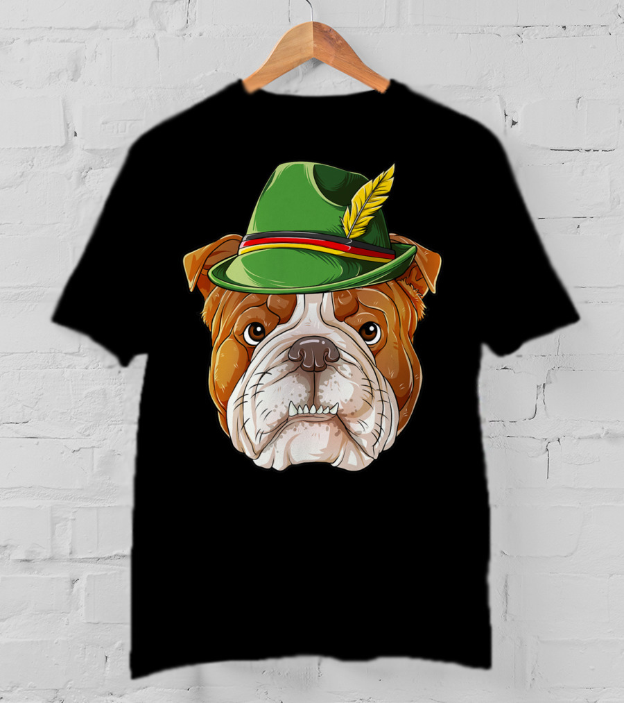 English Bulldog Oktoberfest Boys Lederhosen With Green Hat And Feather T-Shirt