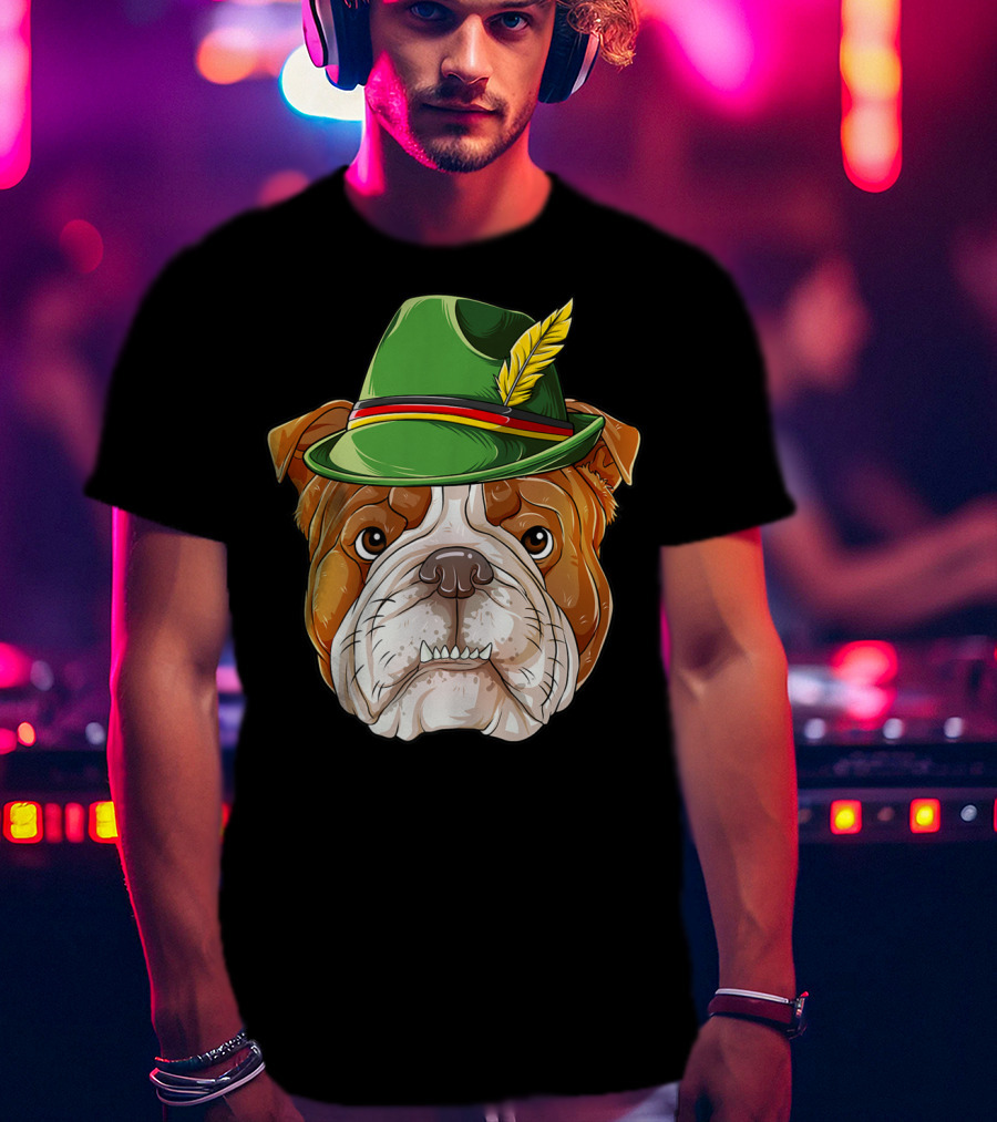 English Bulldog Oktoberfest Boys Lederhosen With Green Hat And Feather T-Shirt