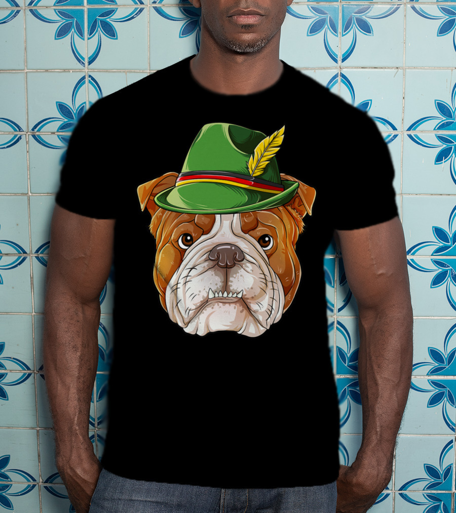 English Bulldog Oktoberfest Boys Lederhosen With Green Hat And Feather T-Shirt