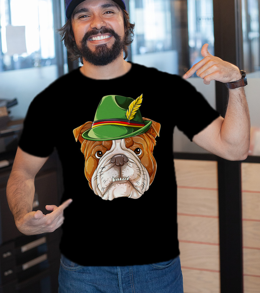 English Bulldog Oktoberfest Boys Lederhosen With Green Hat And Feather T-Shirt
