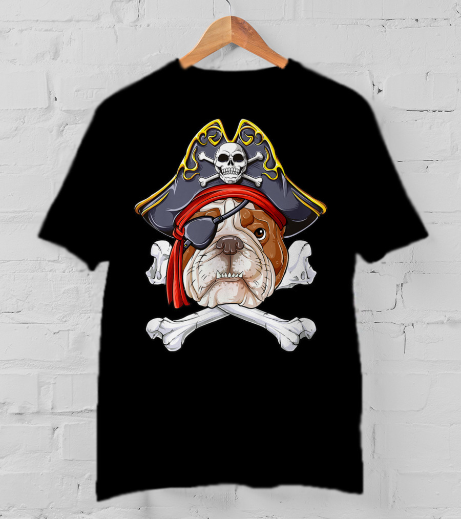 English Bulldog Wearing Pirate Hat With Jolly Roger Crossbones And Eyepatch T-Shirt