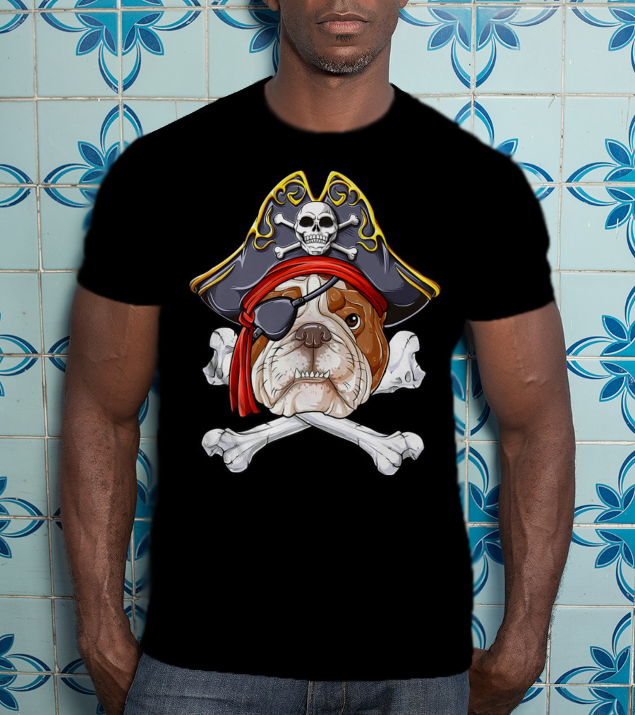 English Bulldog Wearing Pirate Hat With Jolly Roger Crossbones And Eyepatch T-Shirt