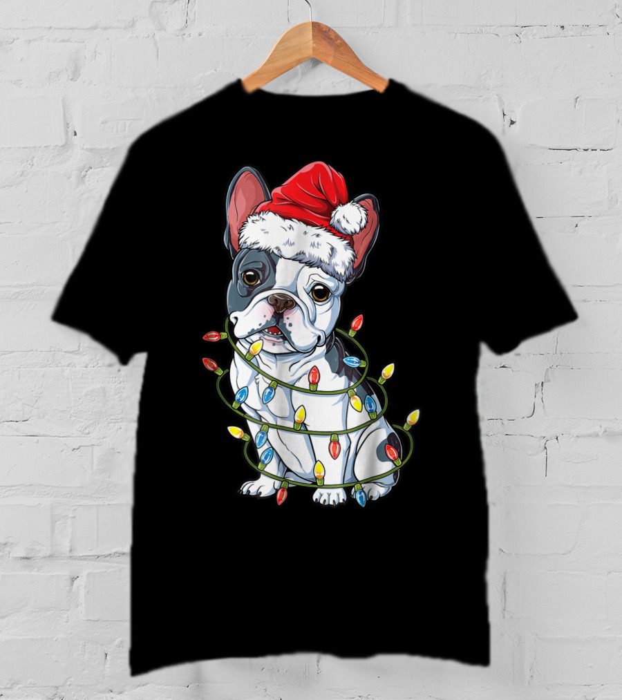 French Bulldog Christmas Santa Hat Wrapped In Xmas Lights T-Shirt
