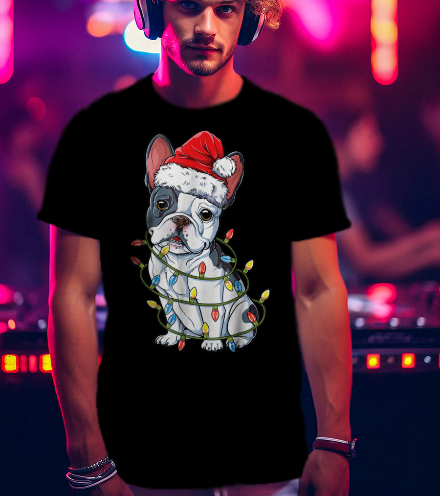 French Bulldog Christmas Santa Hat Wrapped In Xmas Lights T-Shirt