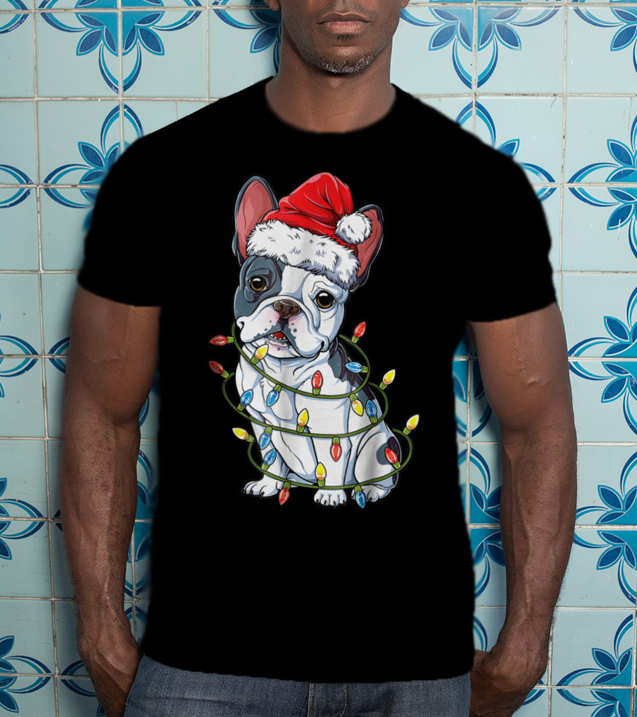 French Bulldog Christmas Santa Hat Wrapped In Xmas Lights T-Shirt