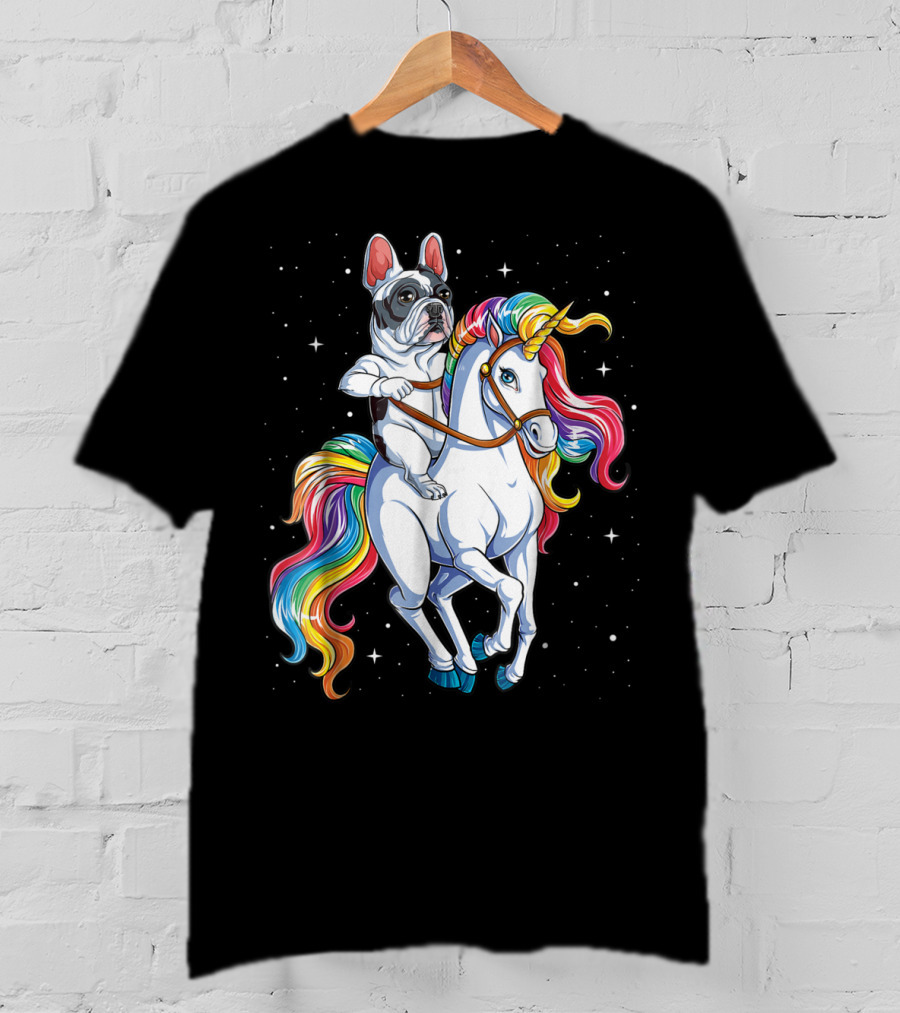 French Bulldog Riding Unicorn In Space Galaxy T-Shirt