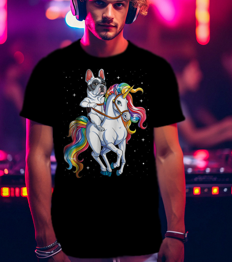 French Bulldog Riding Unicorn In Space Galaxy T-Shirt