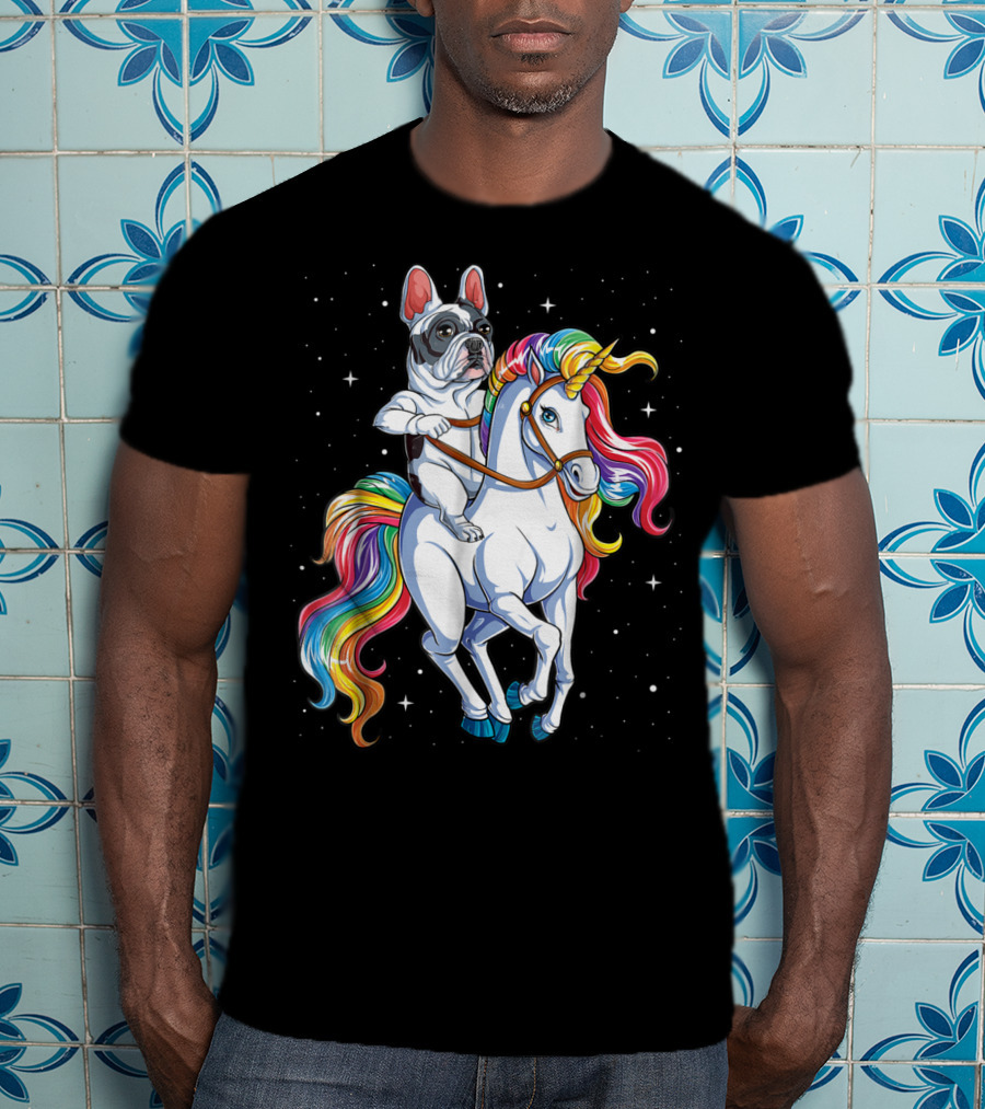 French Bulldog Riding Unicorn In Space Galaxy T-Shirt
