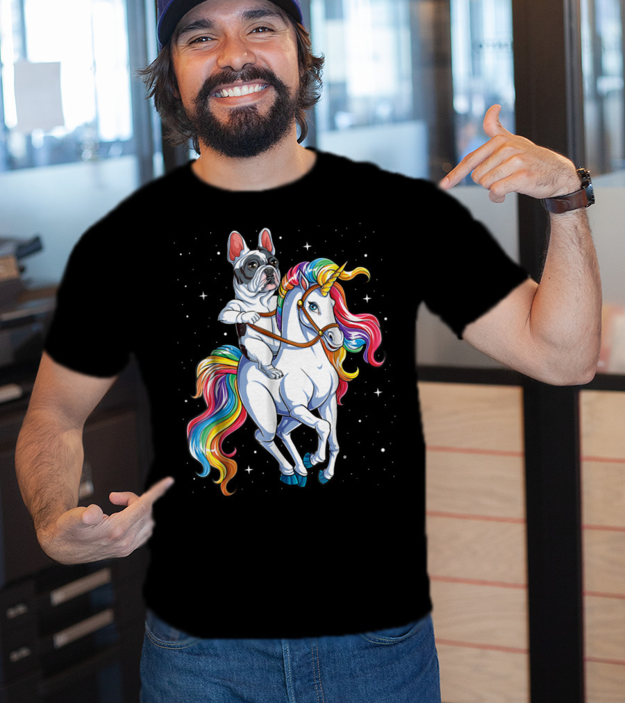 French Bulldog Riding Unicorn In Space Galaxy T-Shirt