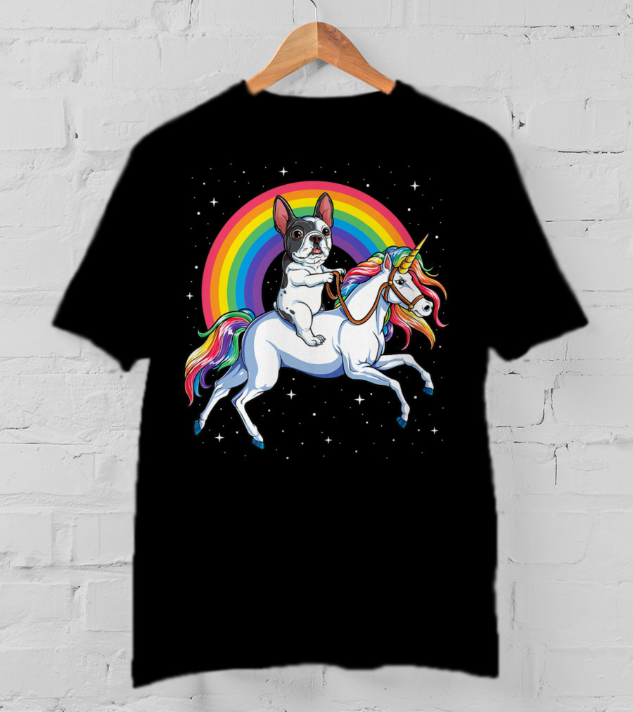 French Bulldog Riding Unicorn Rainbow Space Galaxy T-Shirt