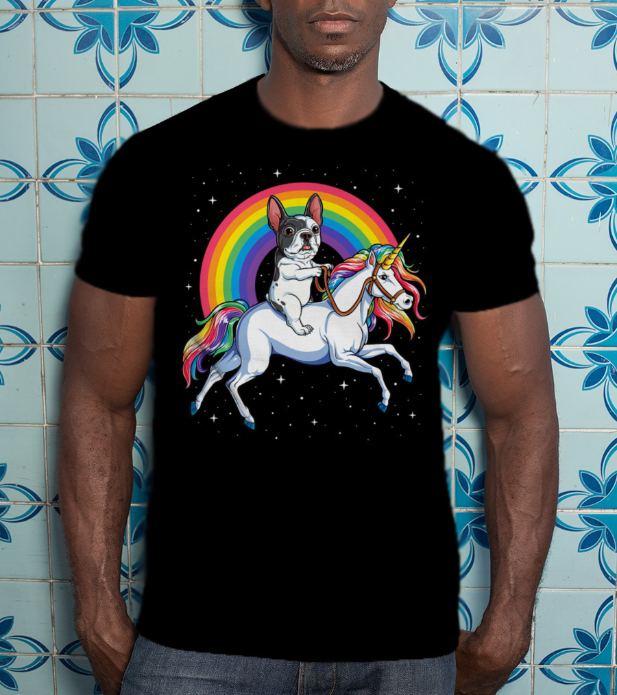 French Bulldog Riding Unicorn Rainbow Space Galaxy T-Shirt