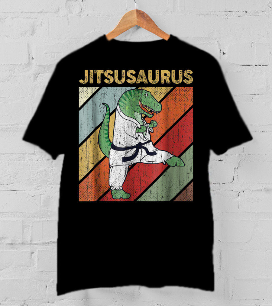 Jitsusaurus Dinosaur In Martial Arts Gi With Vintage Stripes T-Shirt