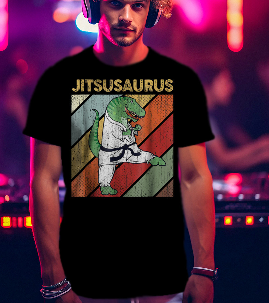 Jitsusaurus Dinosaur In Martial Arts Gi With Vintage Stripes T-Shirt