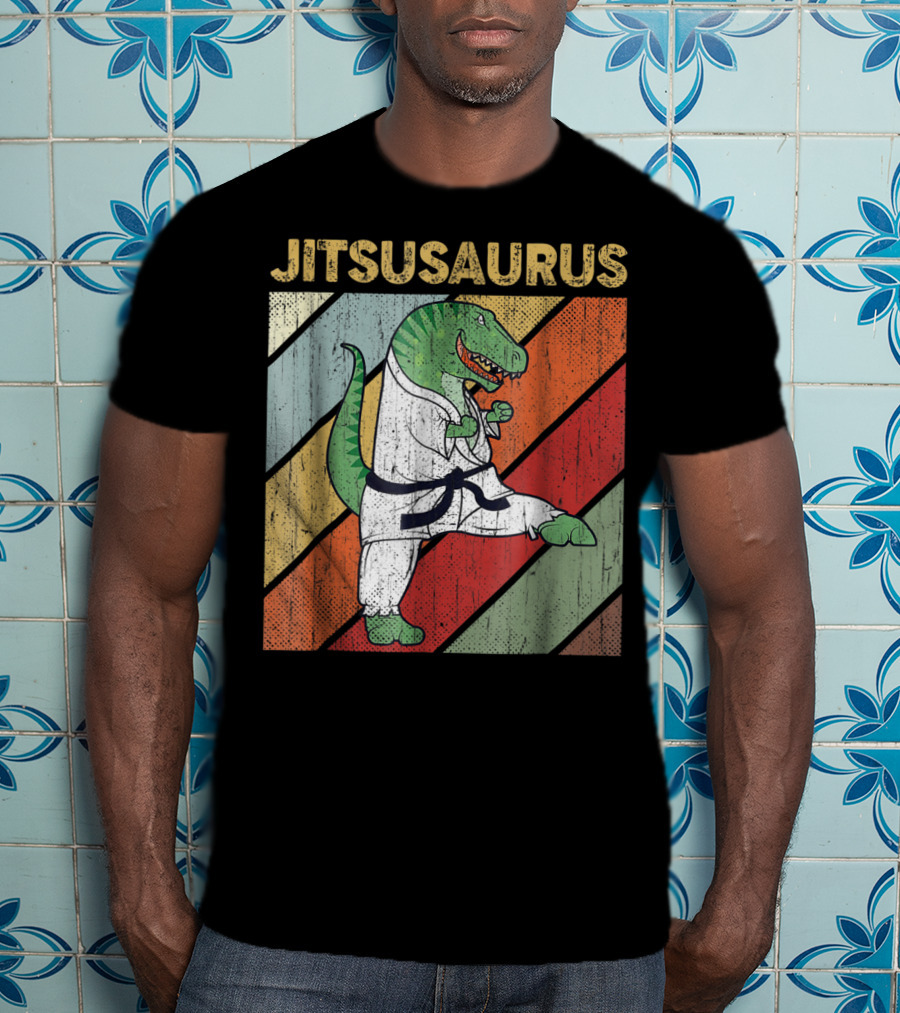 Jitsusaurus Dinosaur In Martial Arts Gi With Vintage Stripes T-Shirt