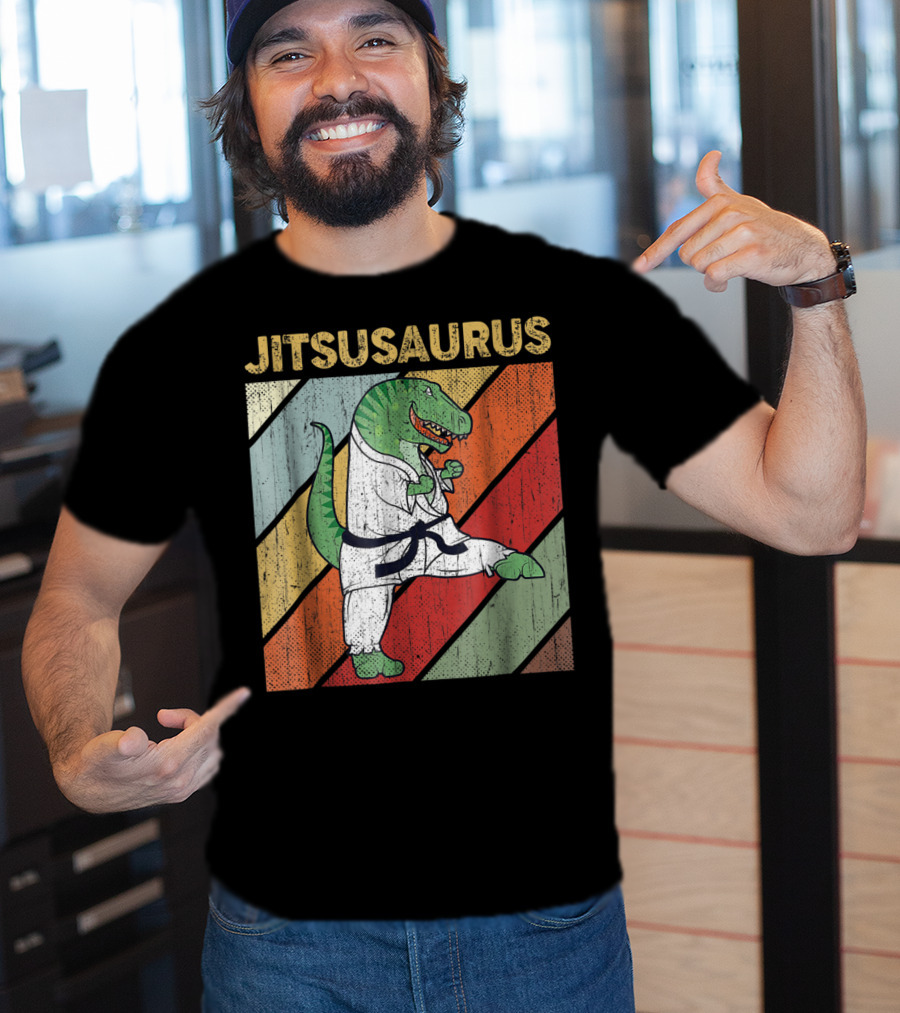Jitsusaurus Dinosaur In Martial Arts Gi With Vintage Stripes T-Shirt