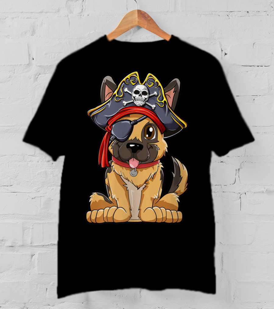 German Shepherd Pirate With Jolly Roger Skull Crossbones And Eyepatch T-Shirt