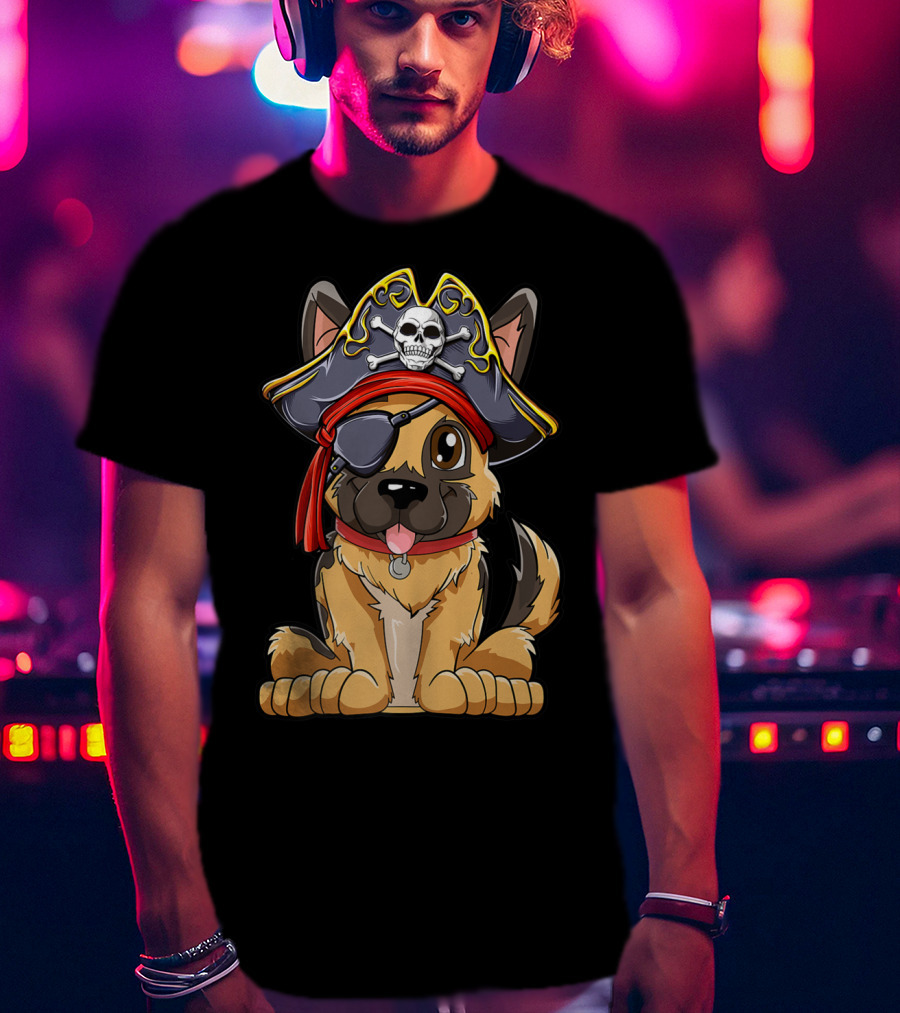 German Shepherd Pirate With Jolly Roger Skull Crossbones And Eyepatch T-Shirt