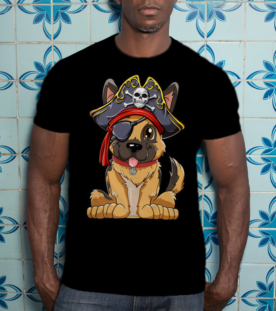 German Shepherd Pirate With Jolly Roger Skull Crossbones And Eyepatch T-Shirt
