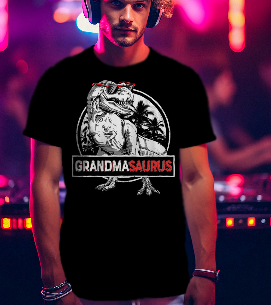 Grandmasaurus Rex Dinosaur Vintage Palm Trees Sunglasses T-Shirt