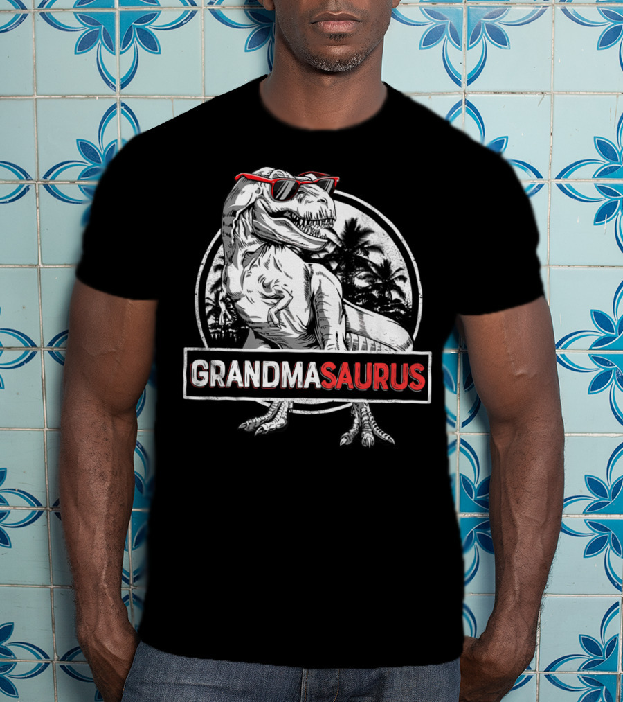 Grandmasaurus Rex Dinosaur Vintage Palm Trees Sunglasses T-Shirt