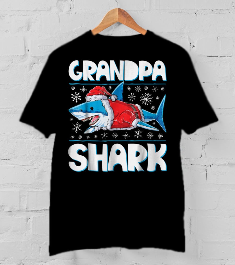 Grandpa Shark Santa With Snowflakes T-Shirt