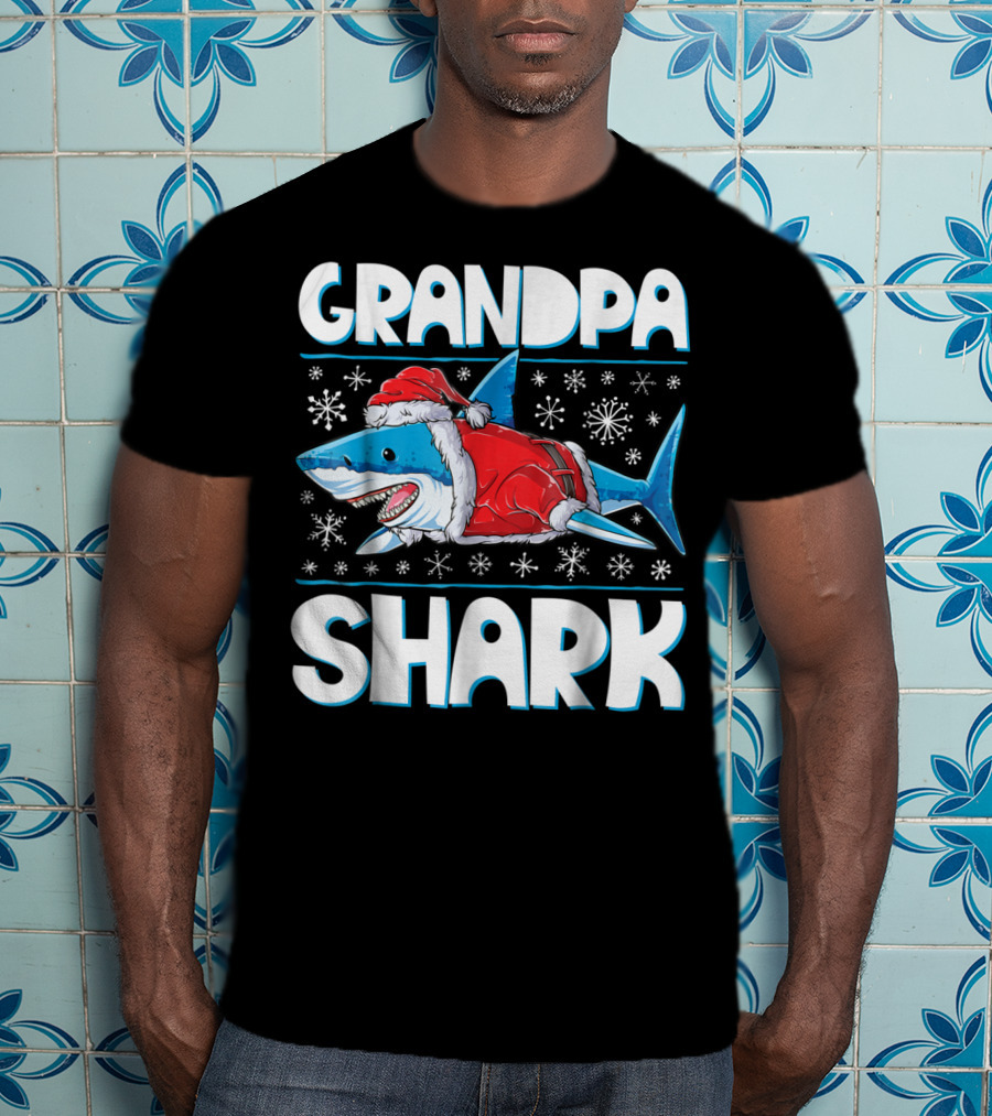 Grandpa Shark Santa With Snowflakes T-Shirt